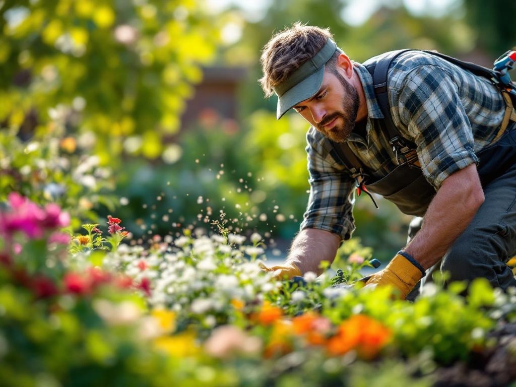 Professional landscaping technician designing a garden with tools and natural surroundings