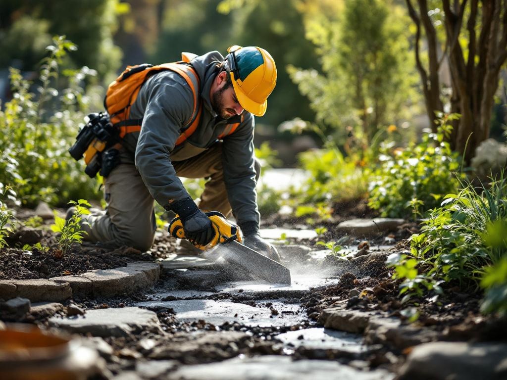 Landscaping technician building a detailed hardscape with tools in natural lighting