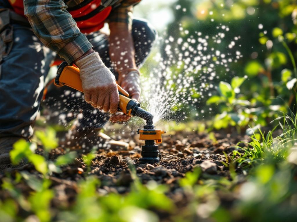 Professional landscaper installing irrigation system with tools in a lush garden setting