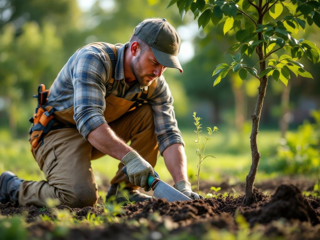 Professional landscaper planting a tree with realistic tools and equipment in a natural setting