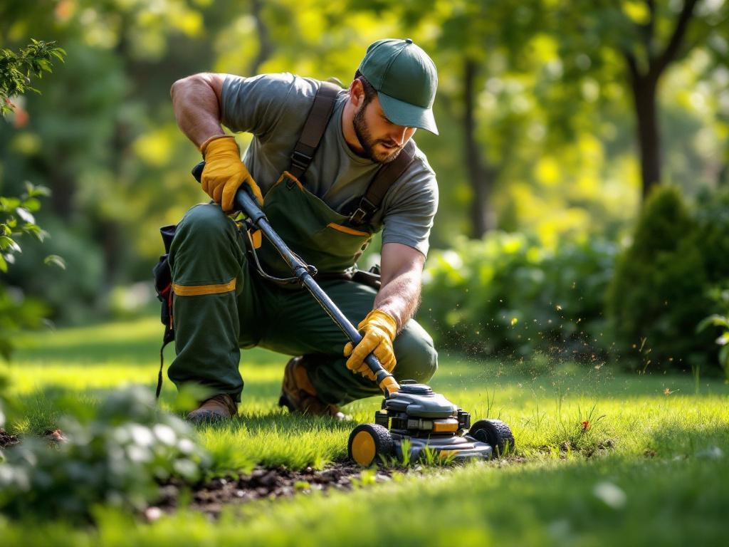 Professional landscaper performing lawn care using modern equipment on a sunny day