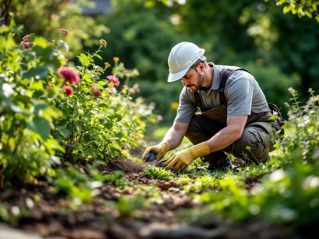 Professional landscaper designing a customized garden with tools and plants