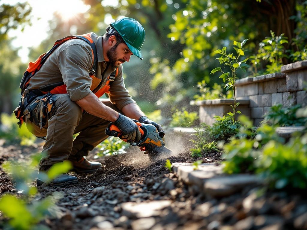 Professional landscaper performing hardscaping with tools and natural stone materials.