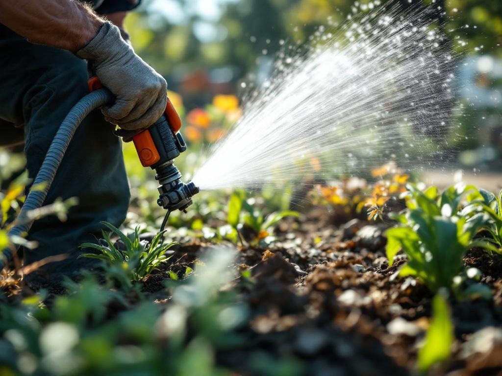 Professional landscaping technician installing irrigation system with tools in a residential yard