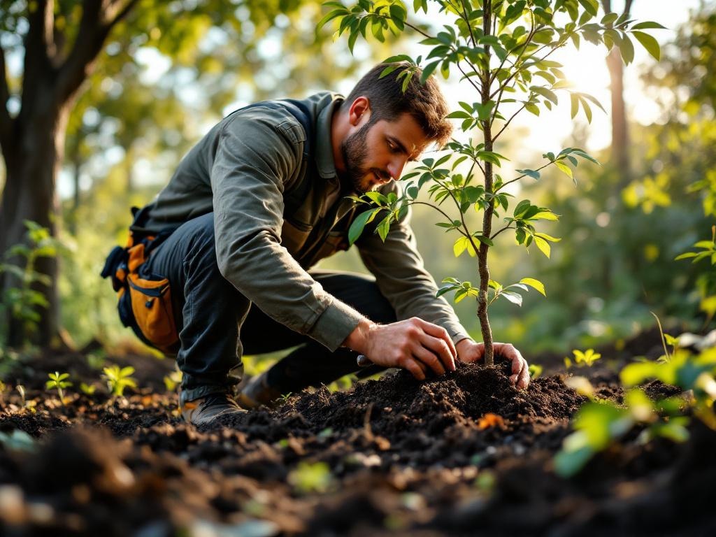 Landscaping technician planting a tree with tools and natural surroundings