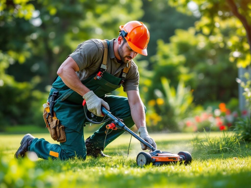 Landscaping technician mowing a lawn with professional tools under natural sunlight