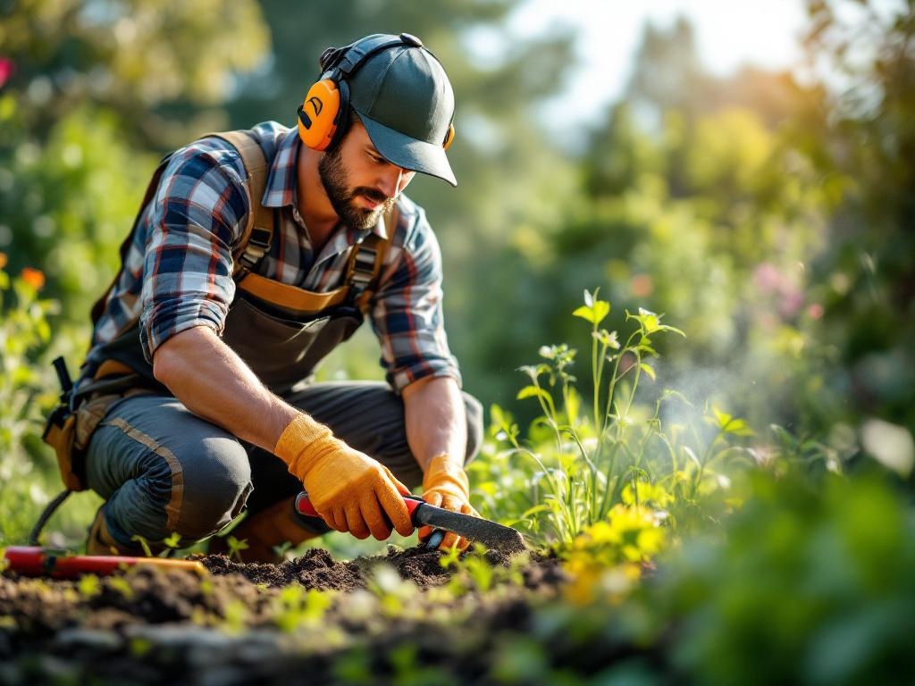 Landscaping technician designing a garden using tools and equipment in natural lighting
