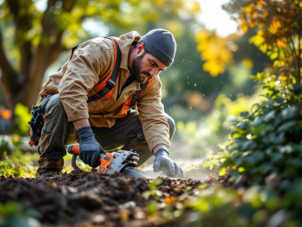 Professional landscaping technician performing hardscaping with tools and natural materials