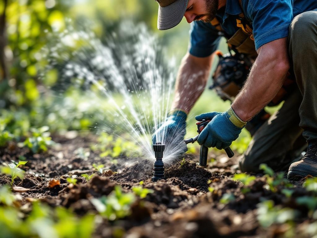 Landscaping technician installing an irrigation system with tools under natural lighting
