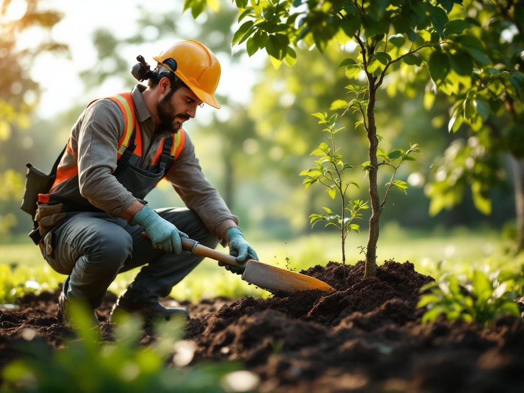 Professional landscaping technician planting a tree with tools and natural environment