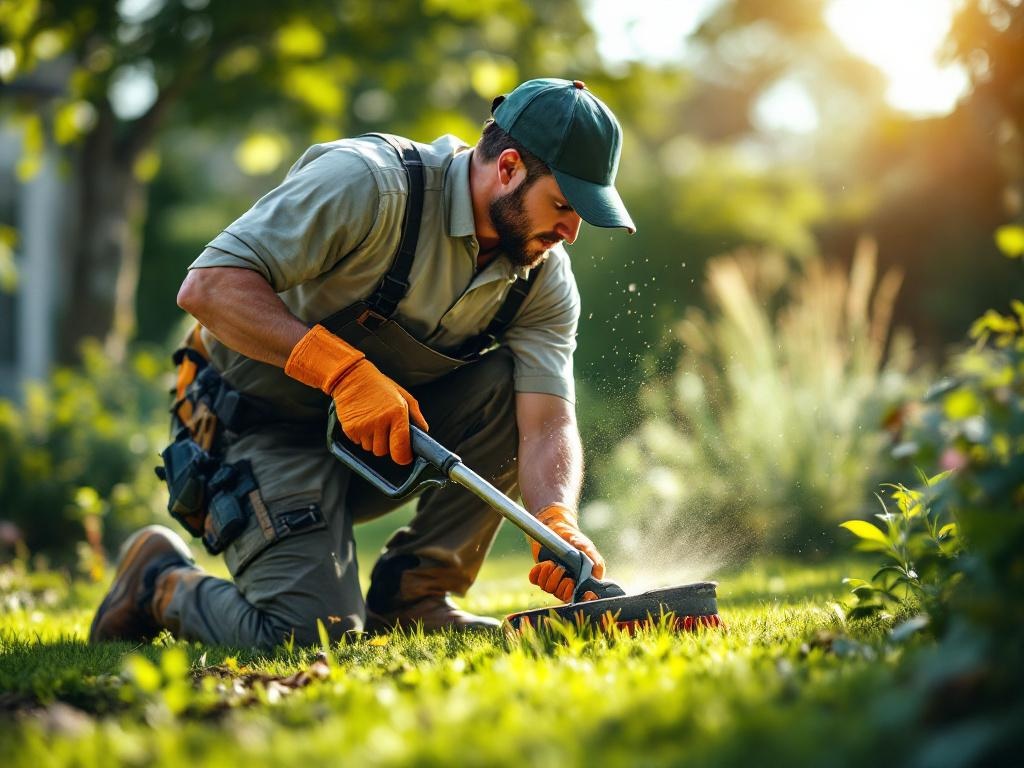 Professional landscaper performing lawn care with modern equipment in a lush green yard