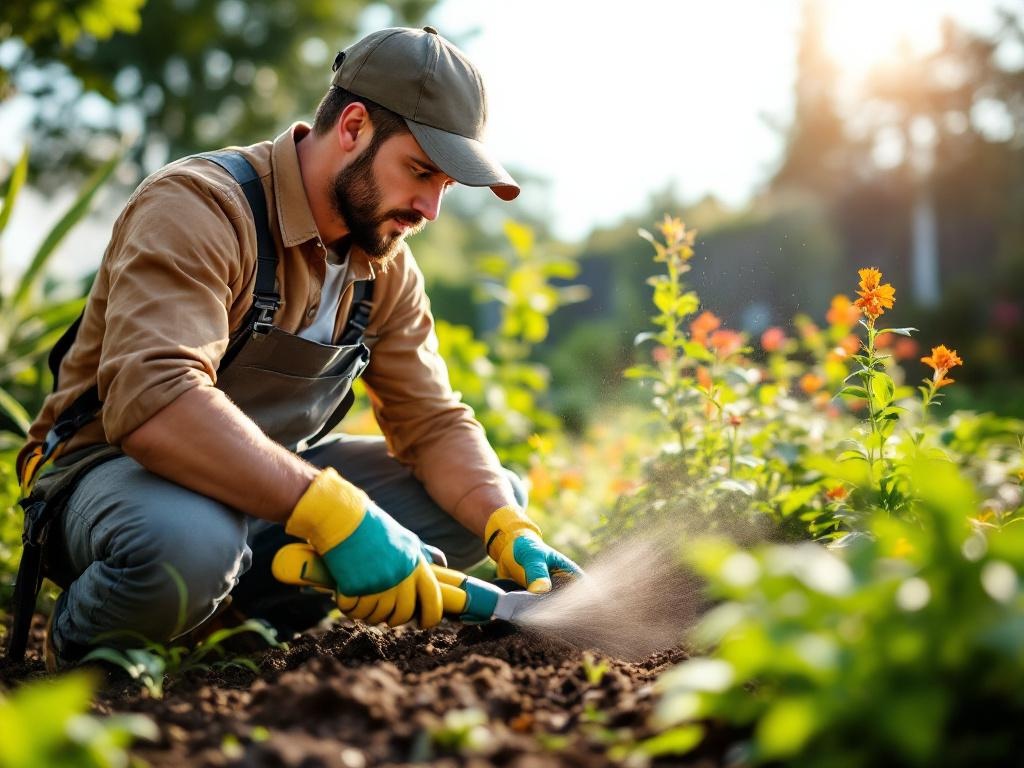 Professional landscaper designing and arranging a garden using tools and natural elements