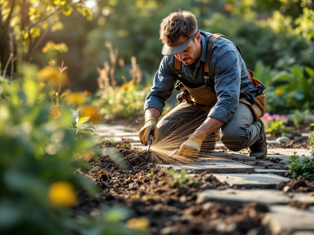 A professional landscaper hardscaping a backyard with tools and natural materials