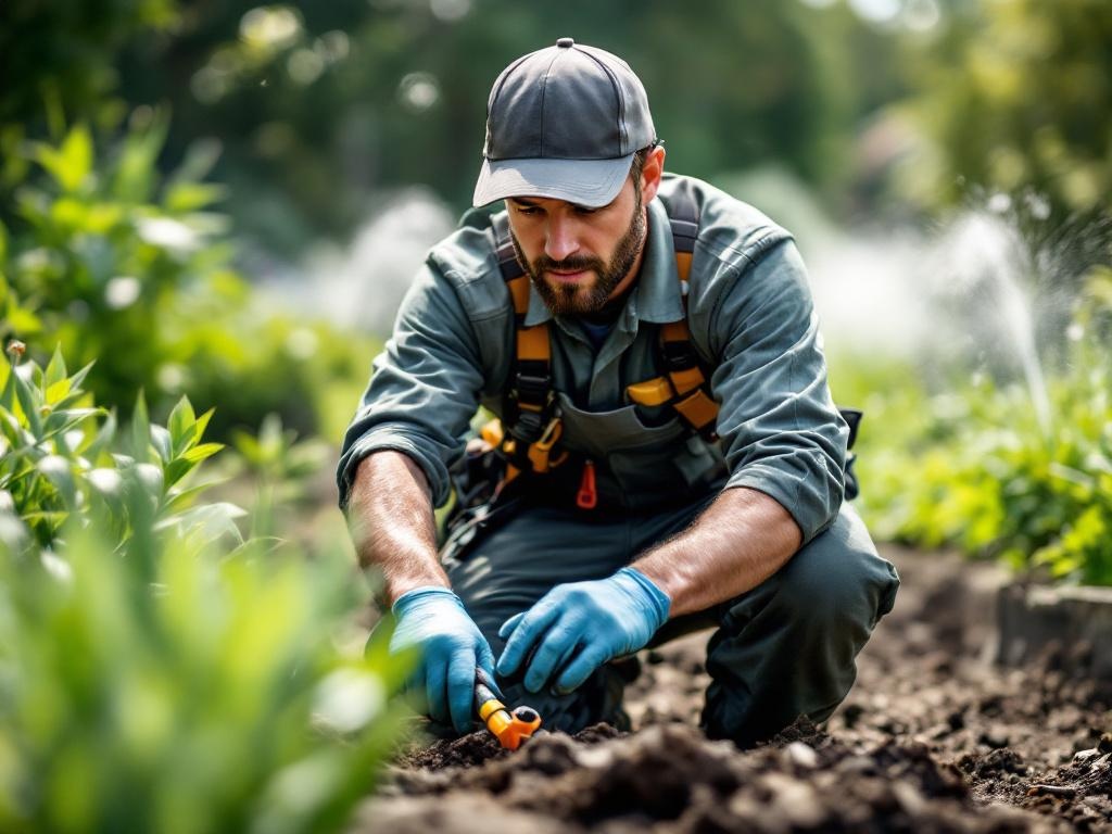 Landscaping technician installing irrigation system with tools and equipment in a backyard