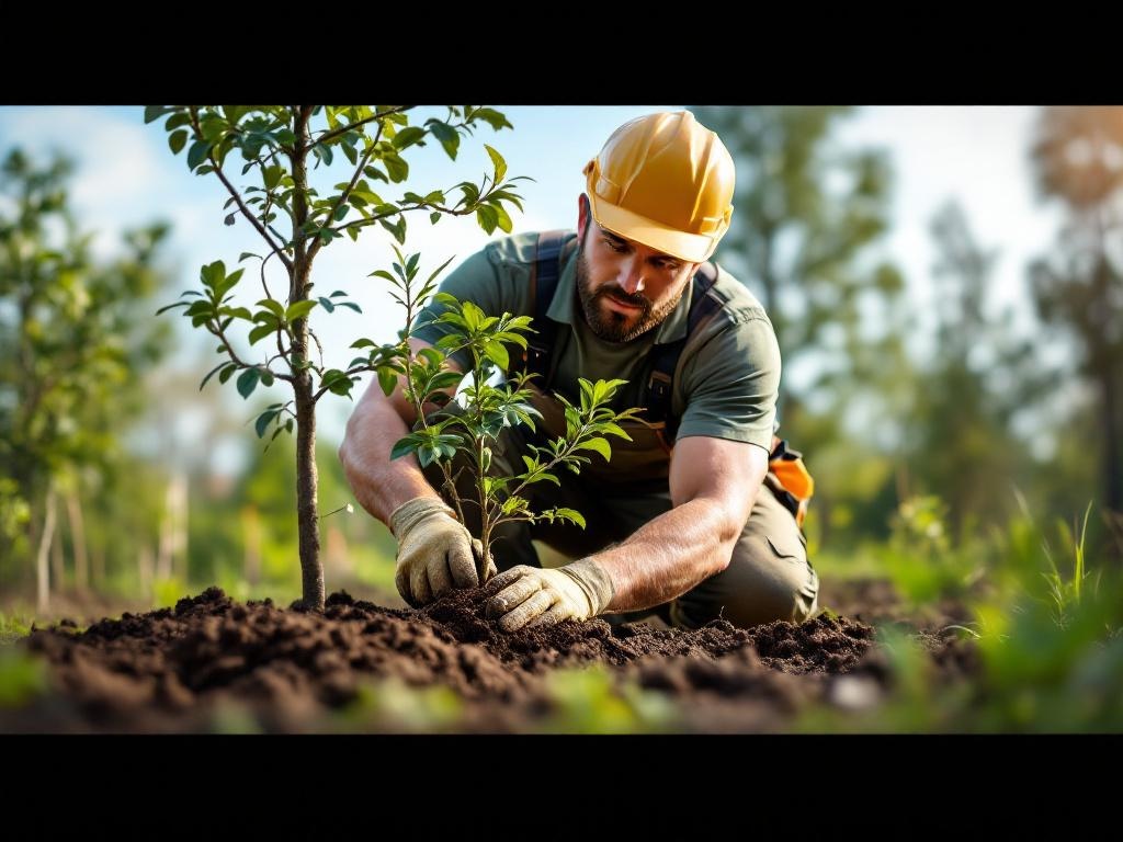 Landscaping technician planting a tree with tools under natural lighting