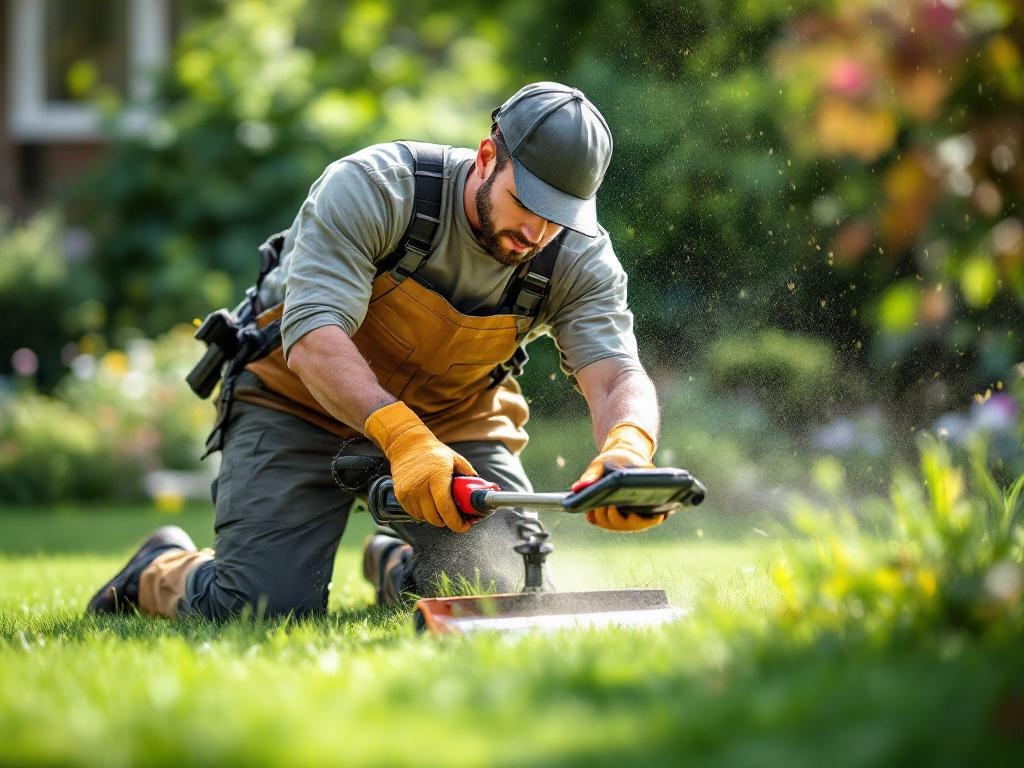 Professional landscaper performing detailed lawn care using high-quality tools and equipment.