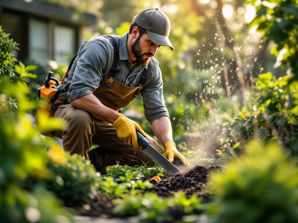 Professional landscaper designing a beautiful garden using tools and careful planning.