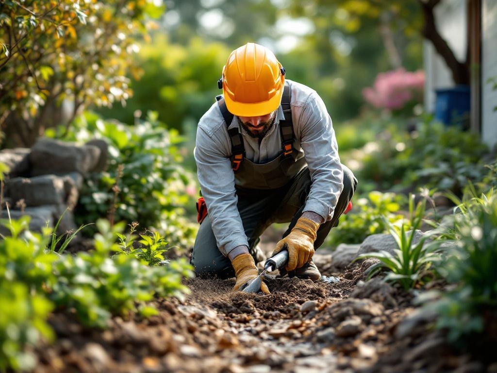 Professional landscaper installing hardscaping features using tools and equipment outdoors