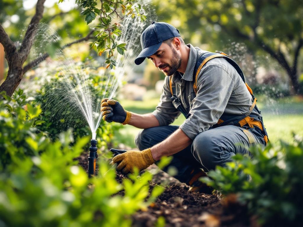 Professional landscaping technician installing an irrigation system with tools on a sunny day