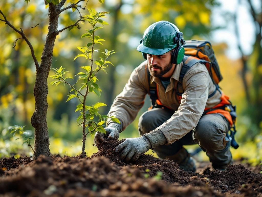 Professional landscaper planting a tree with tools and equipment in a natural setting