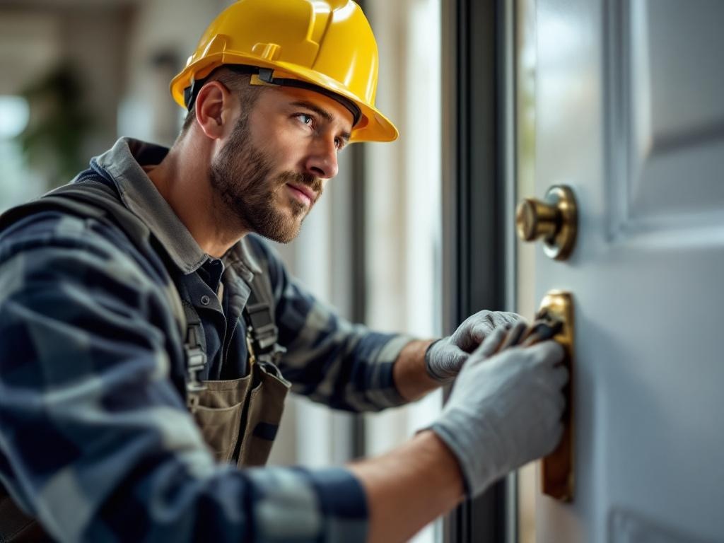 Professional locksmith installing a new lock on a residential door using specialized tools.