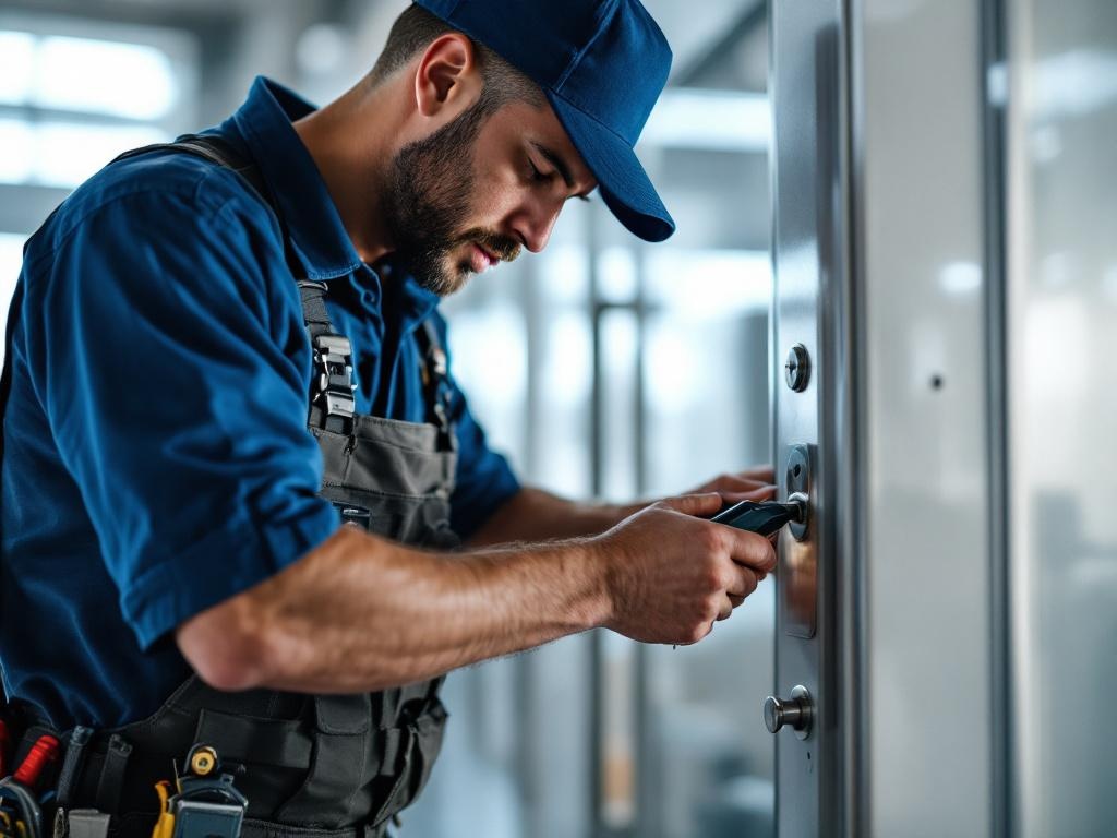 Professional locksmith working on commercial lock with tools in a business setting