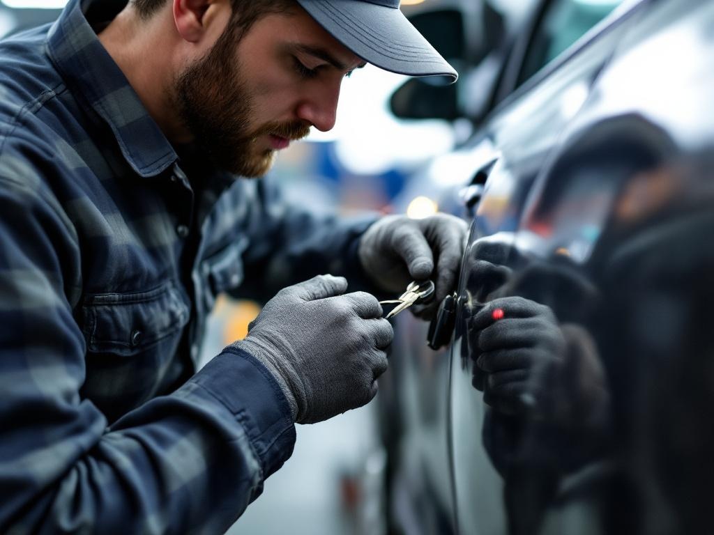 Locksmith technician replacing a car key with professional tools and equipment