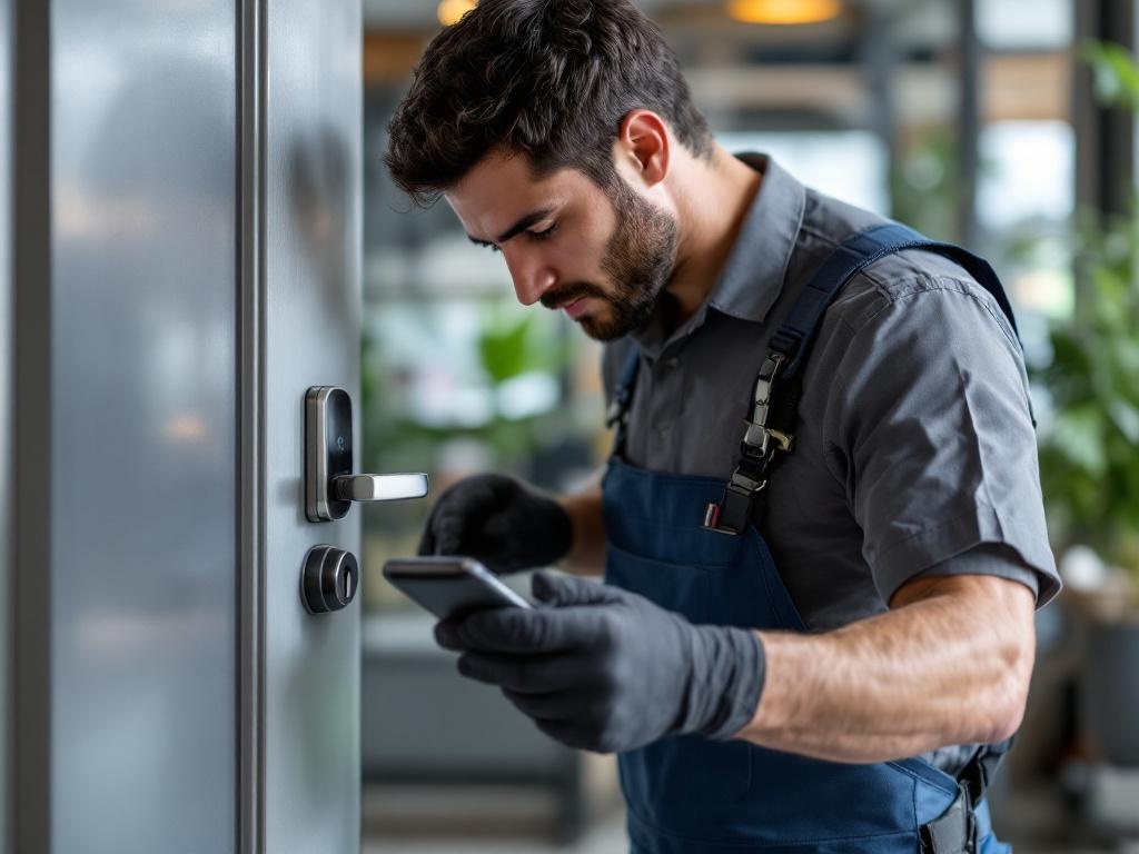 Locksmith installing a smart lock on a door using professional tools