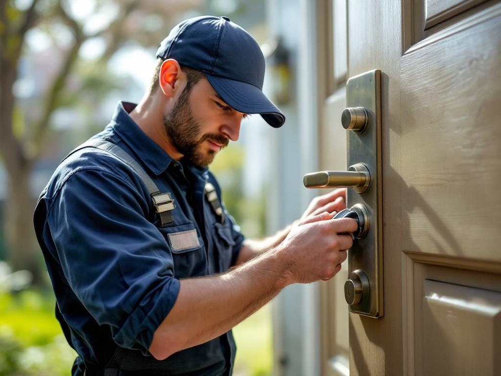 A locksmith professionally installing a new lock on a residential door