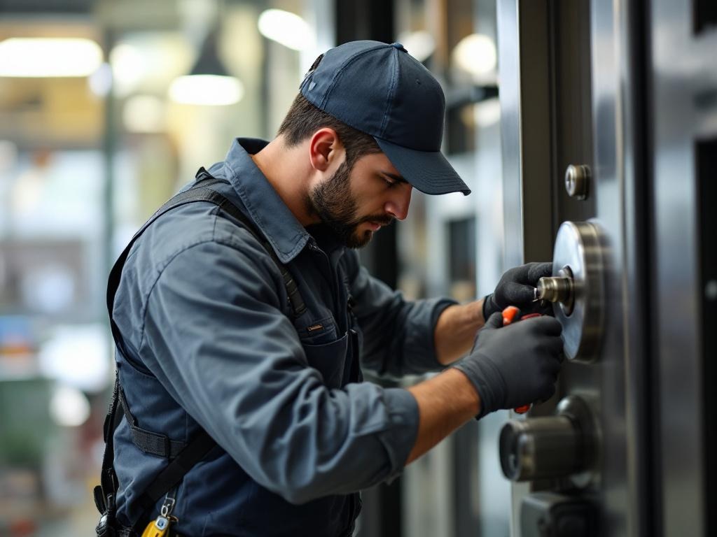 Professional locksmith working on a business lock system with tools in action