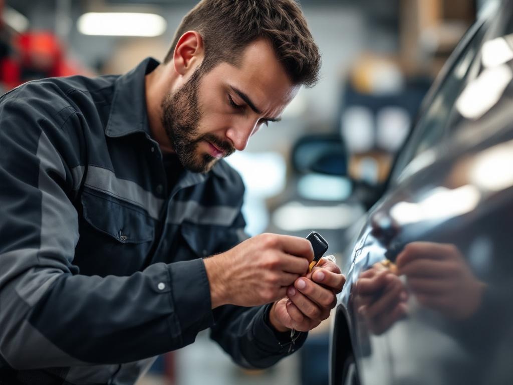 Professional locksmith replacing a car key using specialized tools outdoors
