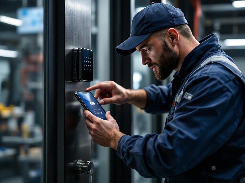 Locksmith installing a smart lock with precision using professional tools
