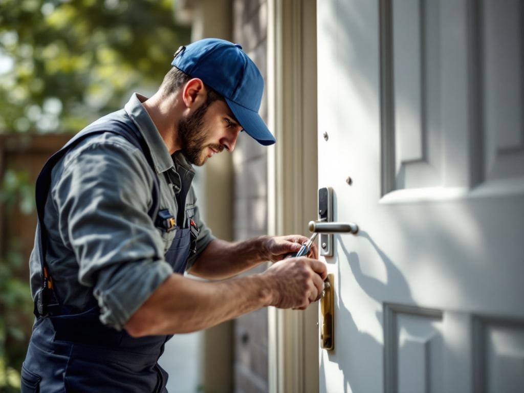 Professional locksmith installing a lock on a residential door with precision tools.