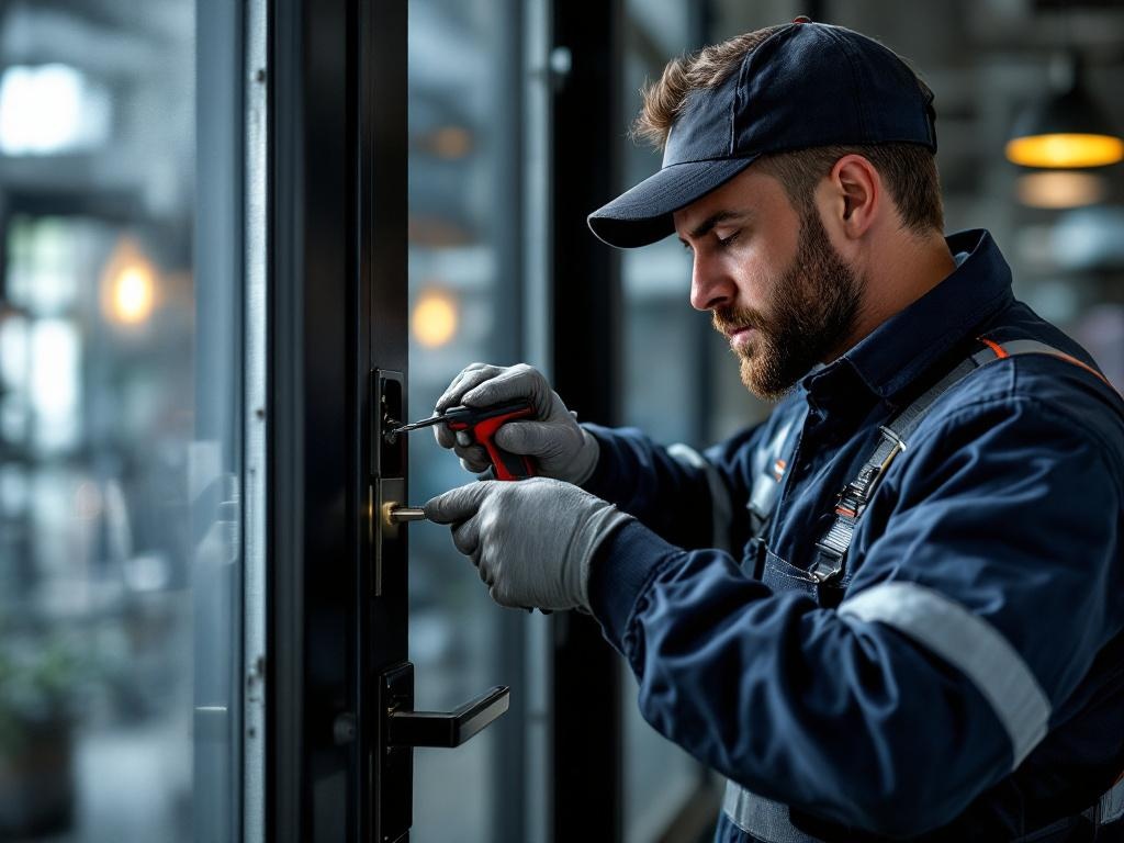 Locksmith technician in uniform performing commercial lock repair with professional tools