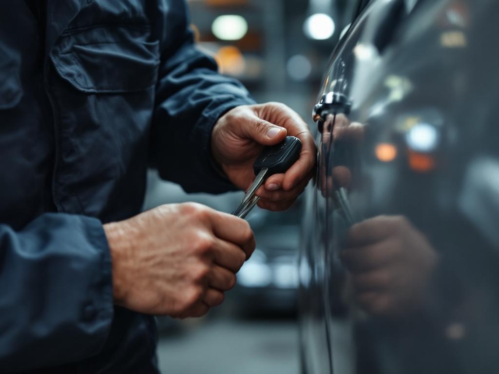 Professional locksmith replacing a car key using specialized tools outdoors