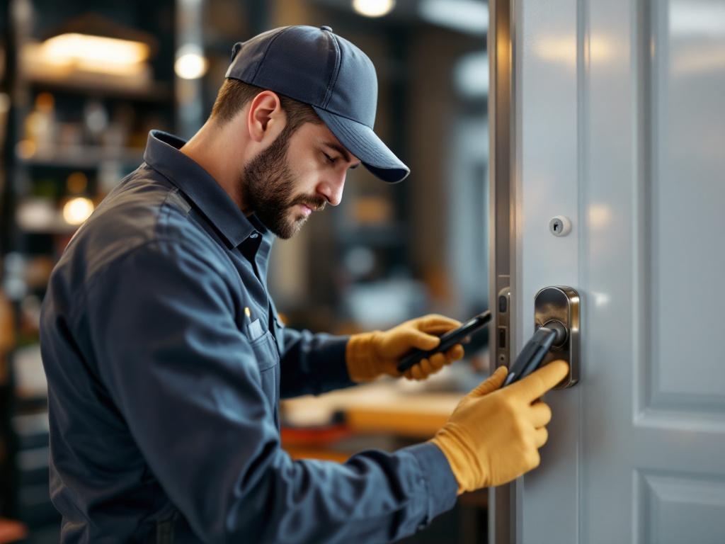 Professional locksmith installing a modern smart lock on a front door
