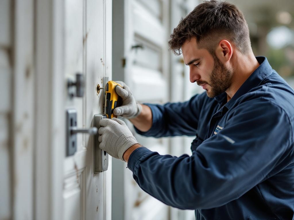 Professional locksmith installing a lock on a residential home door with tools.