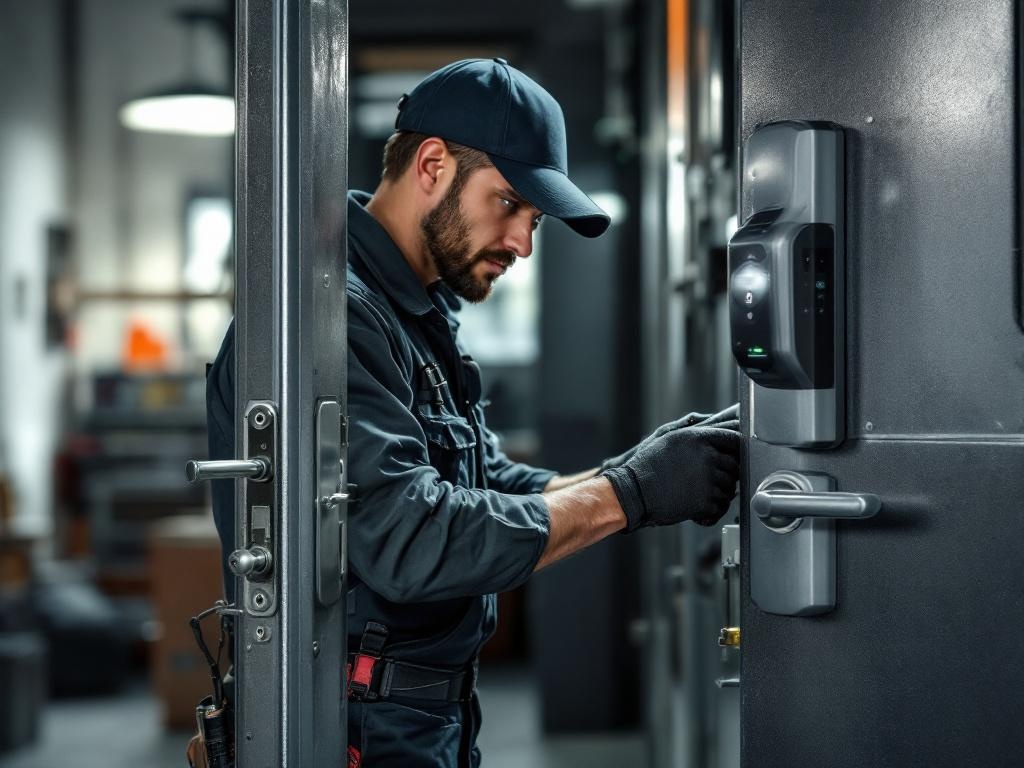 Professional locksmith technician working on a commercial lock system with tools and equipment