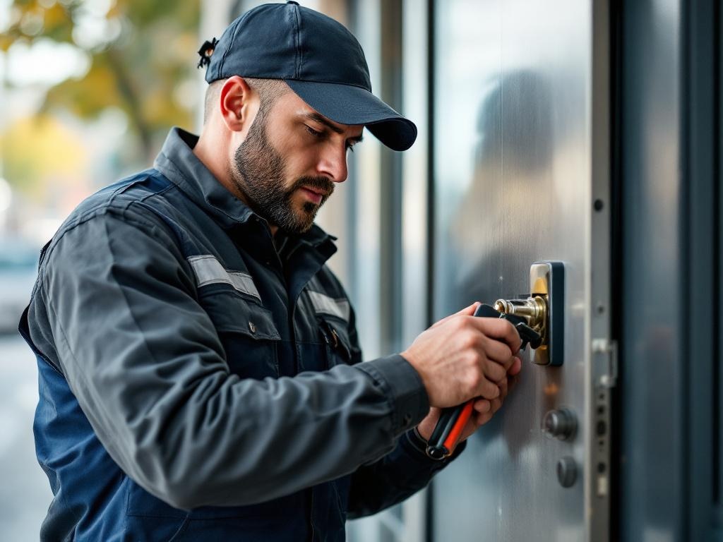 Professional locksmith performing emergency lockout service with tools and equipment