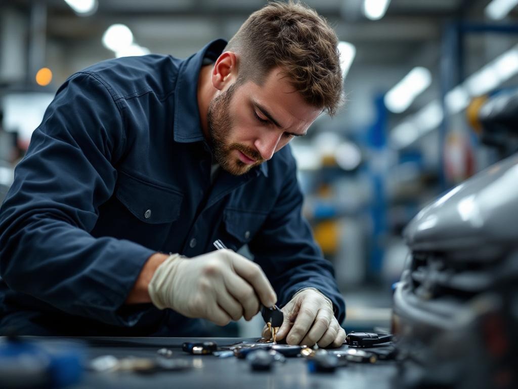 Professional locksmith replacing a car key using specialized tools outdoors