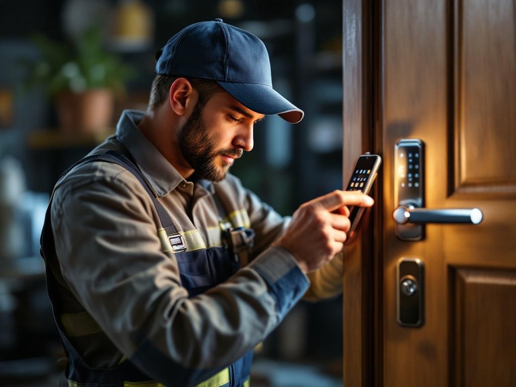 Professional locksmith installing a smart lock with tools and equipment in natural light
