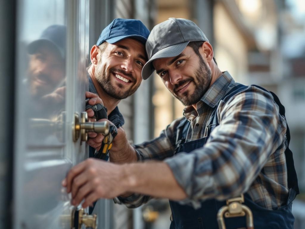 Professional locksmith installing a secure residential door lock with precision tools.