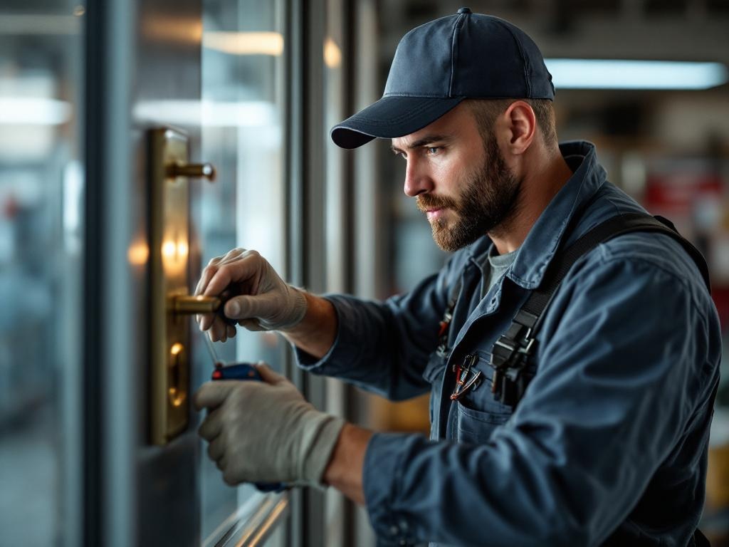 Professional locksmith performing commercial lock service with tools and equipment in action.