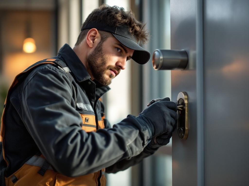 Professional locksmith unlocking a door during an emergency lockout service