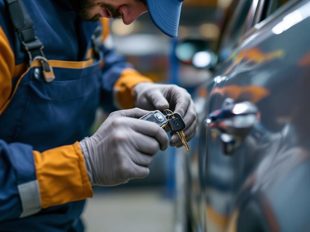 Professional locksmith replacing a car key with specialized tools and expertise