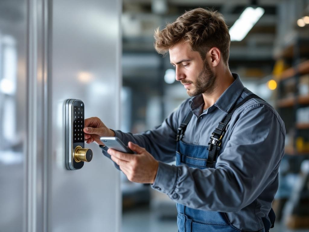 Professional locksmith installing a smart lock with tools and expertise