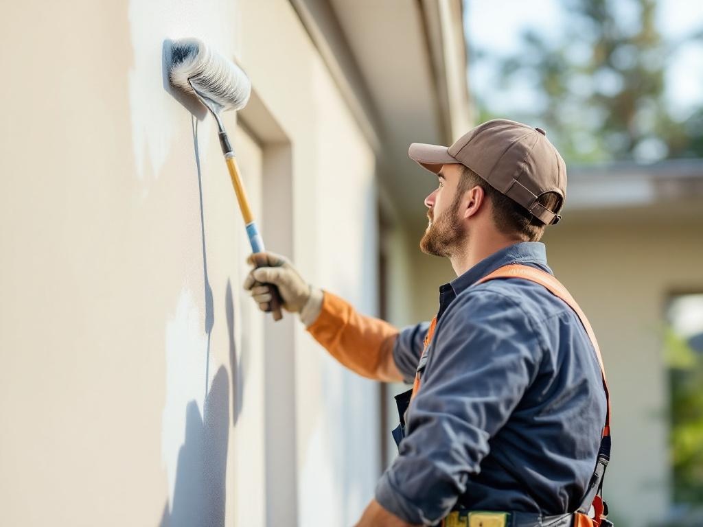 Professional painter working on a home's exterior using high-quality tools and equipment
