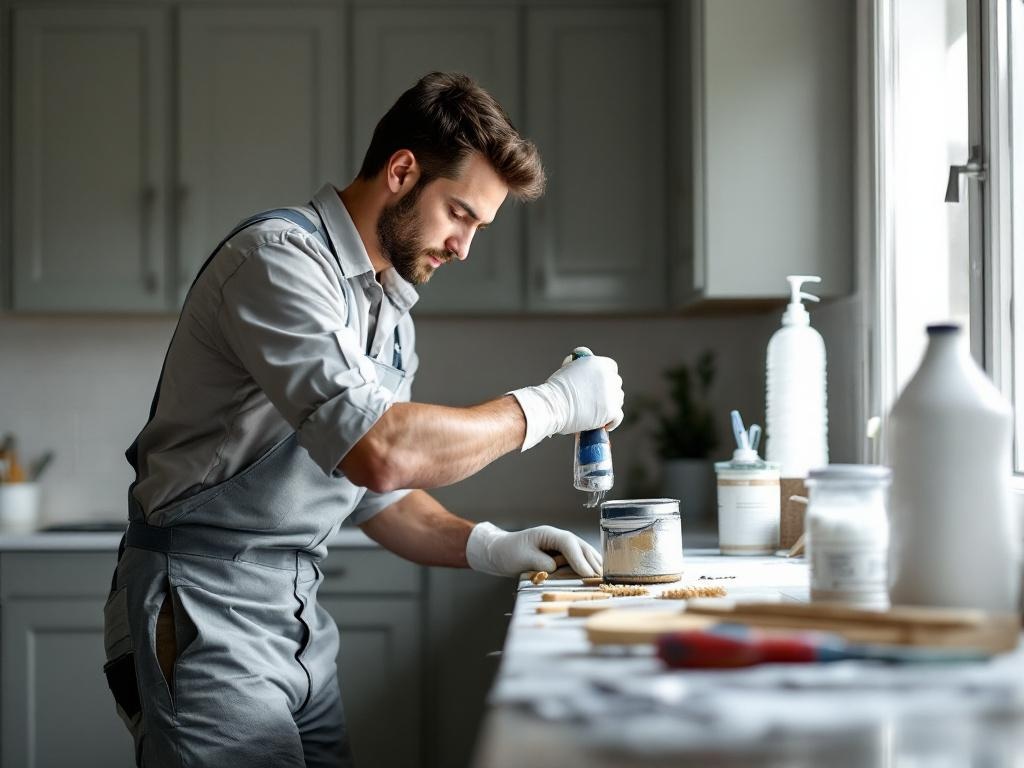 Professional painting technician refinishing kitchen cabinets with tools and precision.