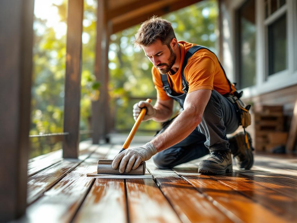 Professional painting technician staining a wooden deck with tools and natural lighting