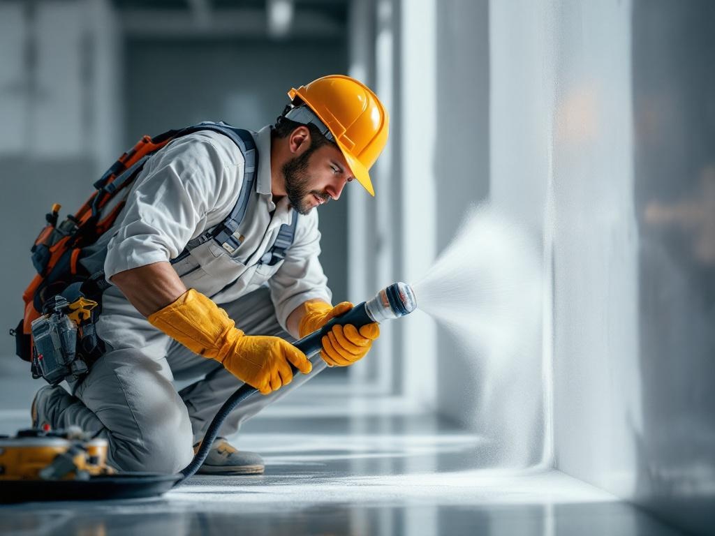 A professional painter applying commercial paint with precision and modern tools